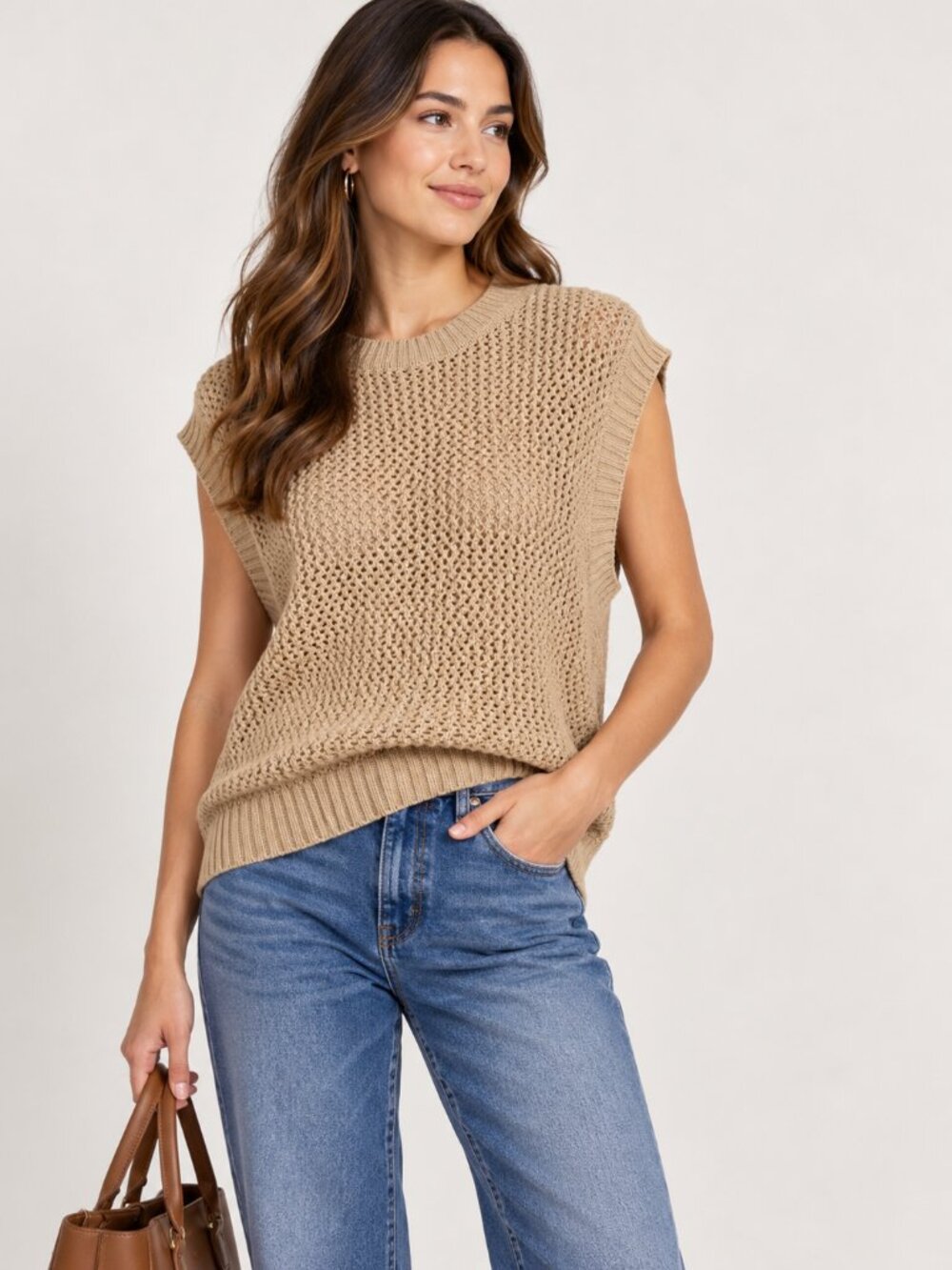 DKNY Jeans Women’s L Beige Open Knit Crewneck Sweater Vest NWT